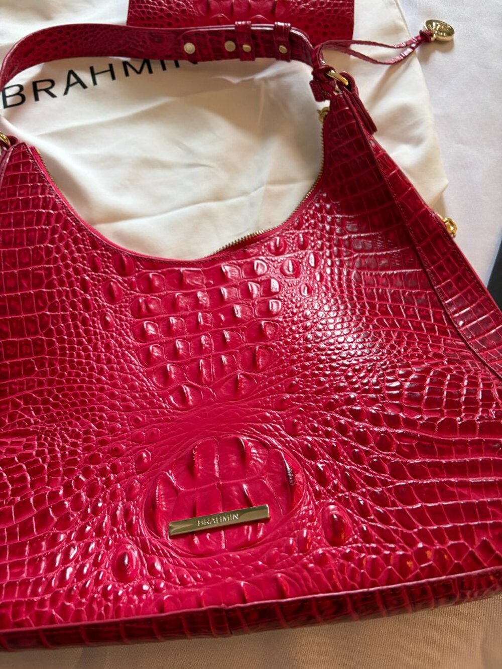 Brahmin Hot Pink Croc Embossed Leather Bag and Wallet